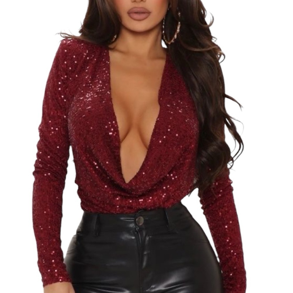 Obsession Sequin Bodysuit Burgundy Size Medium NWT